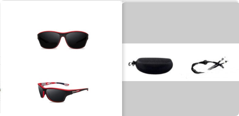 Sunglasses with red frames and black lenses, shown from front and side views, with case and cleaning cloth on a white background.