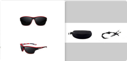 Sunglasses with red frames and black lenses, shown from front and side views, with case and cleaning cloth on a white background.
