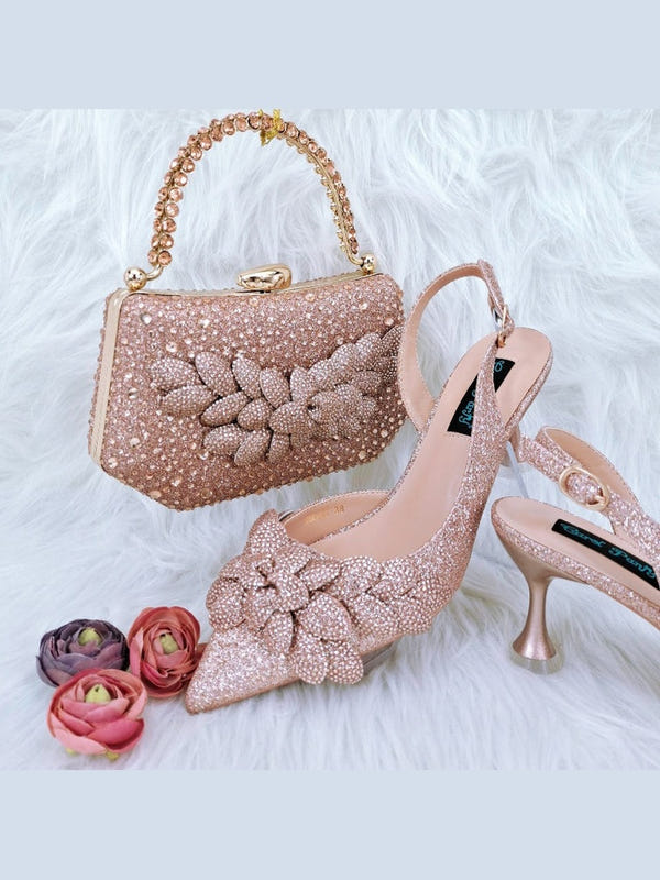 Champagne rhinestone heeled shoes with matching rhinestone handbag and floral bow embellish