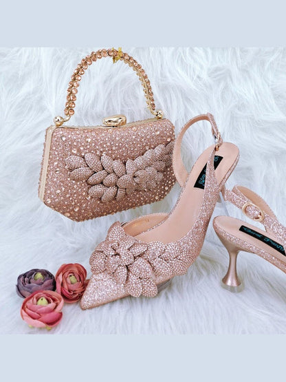 Champagne rhinestone heeled shoes with matching rhinestone handbag and floral bow embellish