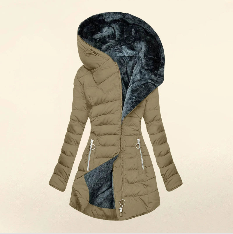Hooded quilted cotton jacket, olive-beige with dark faux-fur hood lining and zip pockets