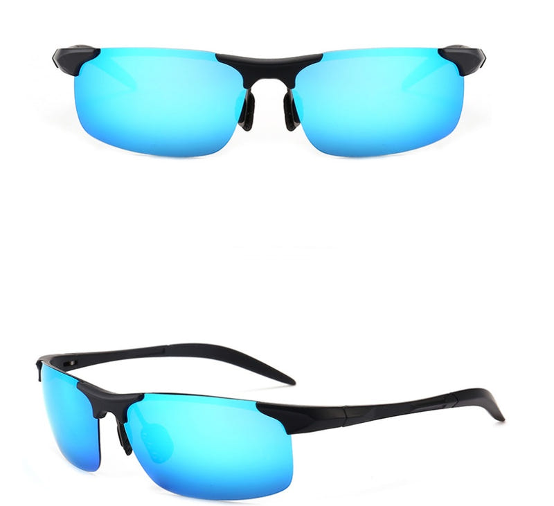 Sports cycling sunglasses with black frame and blue mirrored polarized lenses