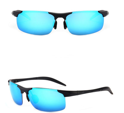 Sports cycling sunglasses with black frame and blue mirrored polarized lenses