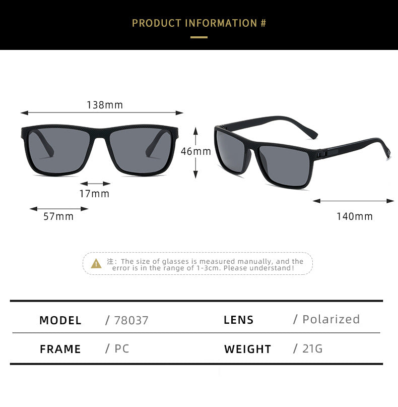 Sunglasses with dimensions and product information on a white background