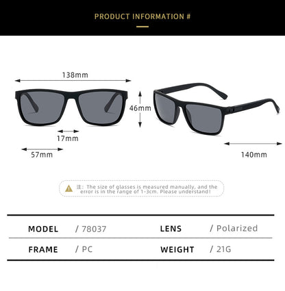 Sunglasses with dimensions and product information on a white background