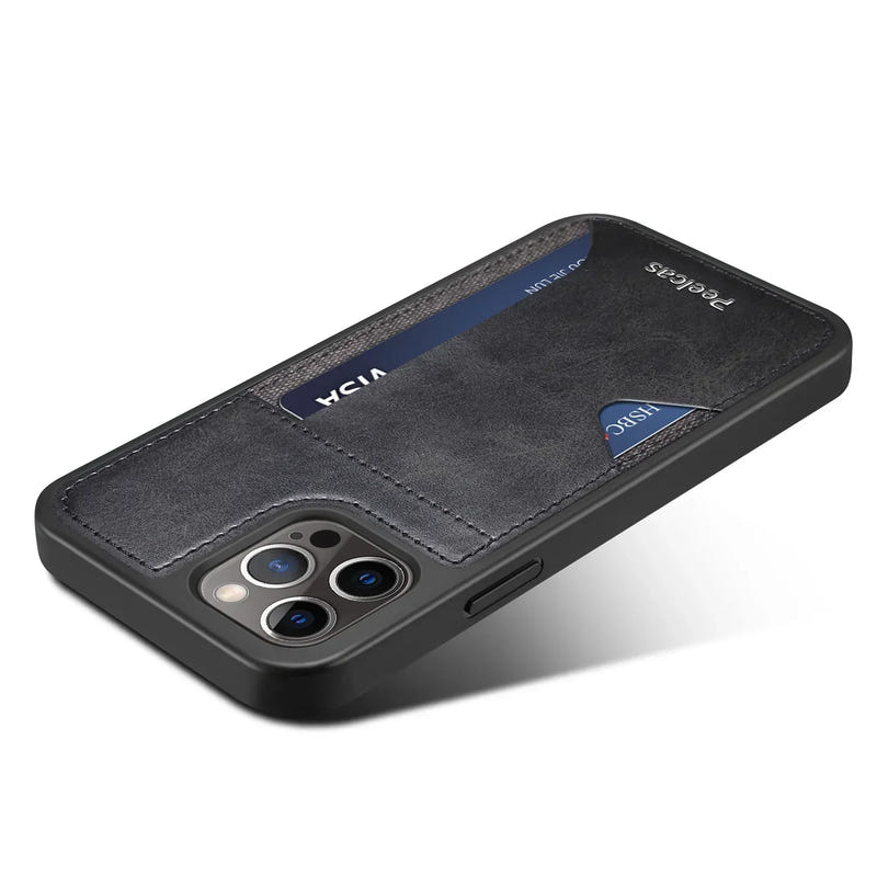 Dark leather card phone case with card slot window and camera cutouts