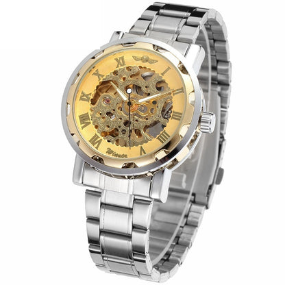 Silver and gold watch with visible mechanical components on a white background