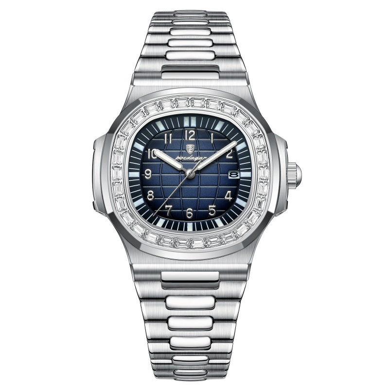 Quartz dress watch, silver bezel, dark blue dial, and stainless steel link bracelet