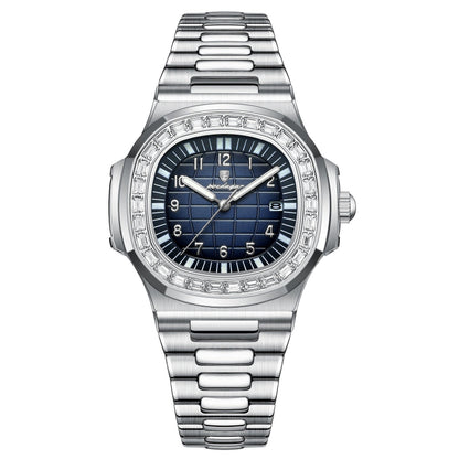 Quartz dress watch, silver bezel, dark blue dial, and stainless steel link bracelet