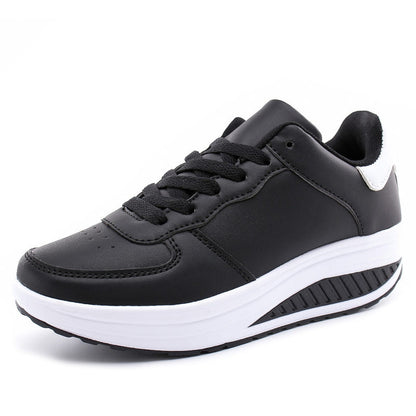 Women's black woven sport shoes, lace-up with white heel accent and white cushioned sole