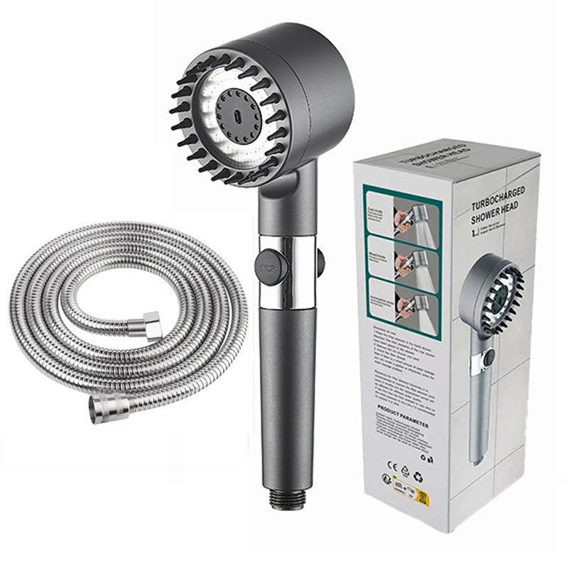 High output water shower set with handheld showerhead, coiled hose, and box
