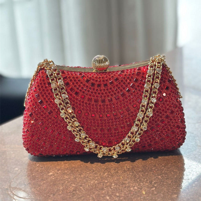 Wine red rhinestone handbag with gold chain shoulder strap and round top clasp
