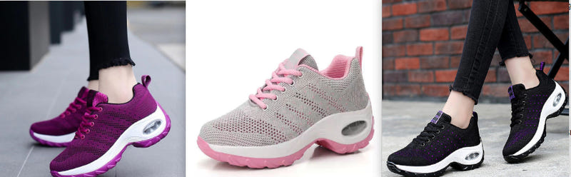Women's walking sneakers in purple, grey, and black