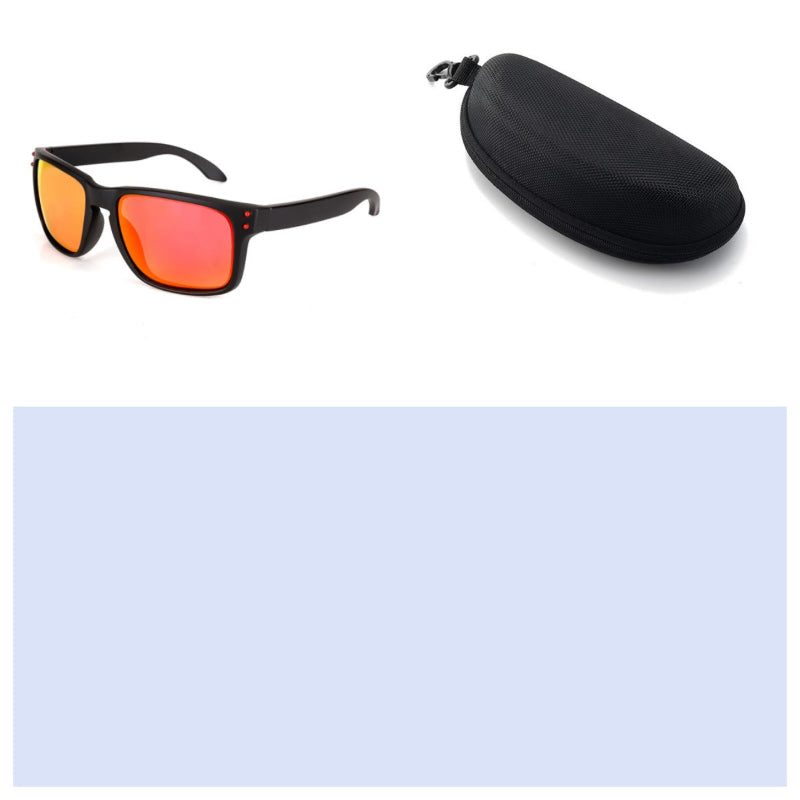 Men's sports sunglasses with black frame and orange mirrored lenses, with hard case