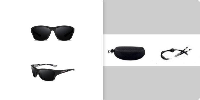 Black sunglasses shown from front and side views with additional accessories on a white background.