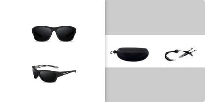 Black sunglasses shown from front and side views with additional accessories on a white background.