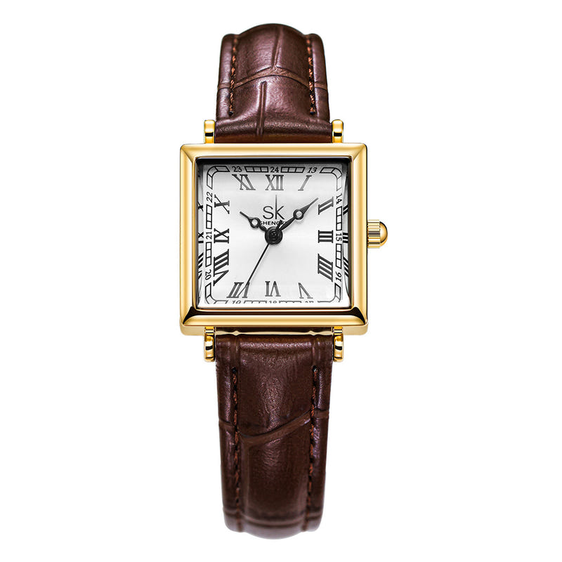 Square-face watch with brown leather band, gold-tone rectangular case, white dial.