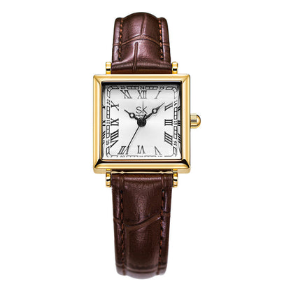Square-face watch with brown leather band, gold-tone rectangular case, white dial.