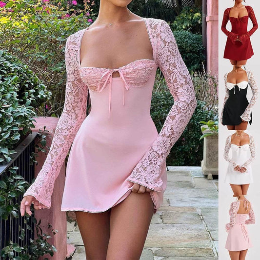 Fashion Corset Lace Long Sleeve Dress Sexy Y2K Backless Lace Up Short Dresses Womens Clothing - YAXSO