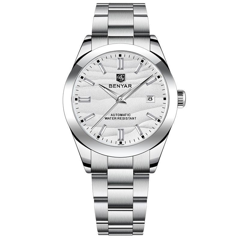 Silver wristwatch with white dial on a white background