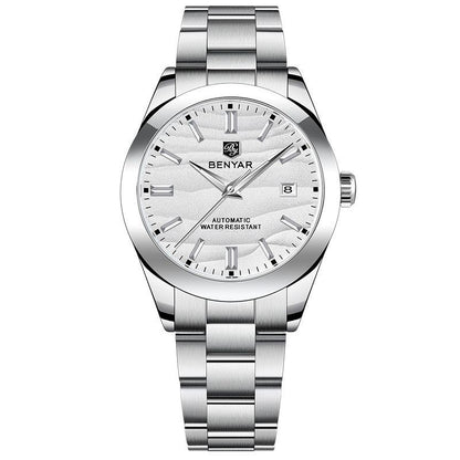 Silver wristwatch with white dial on a white background