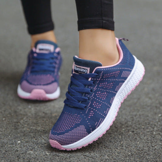 Women’s mesh sneakers, navy-purple upper with pink sole edge and white rubber outsole