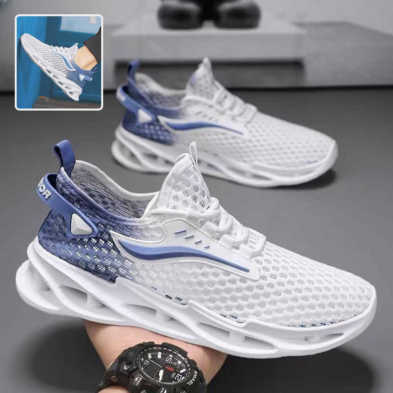 White and blue athletic shoes with a close-up inset of a sole detail, held by a person wearing a watch.