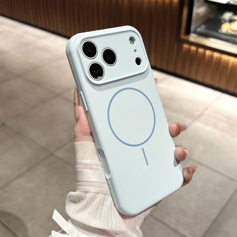 Light blue liquid silicone phone case with circular grip and camera cutouts
