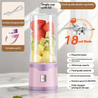 Electric USB juicer cup with single clear cup and lid, plus included charging cable