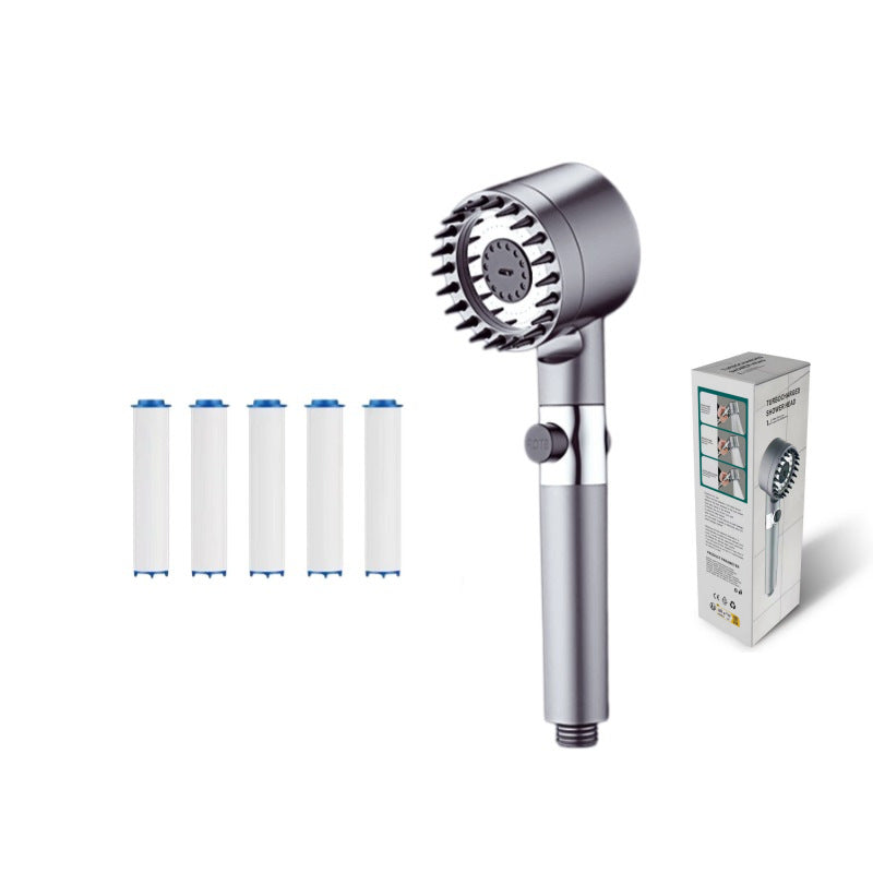 Handheld showerhead set with spray head, included cartridges, and retail box