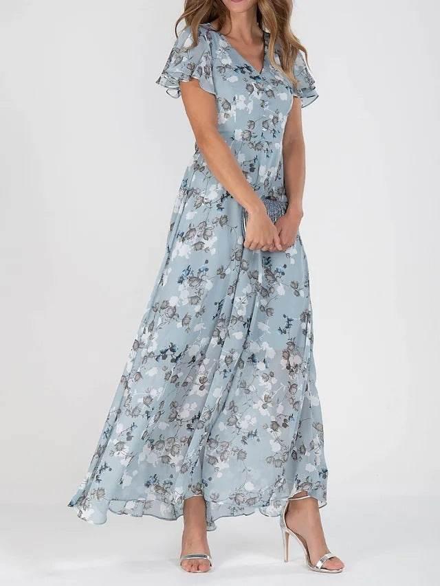 Flowers Print Short Sleeve Dress Summer Fashion Ruffle Beach Dresses Women's Clothing - YAXSO