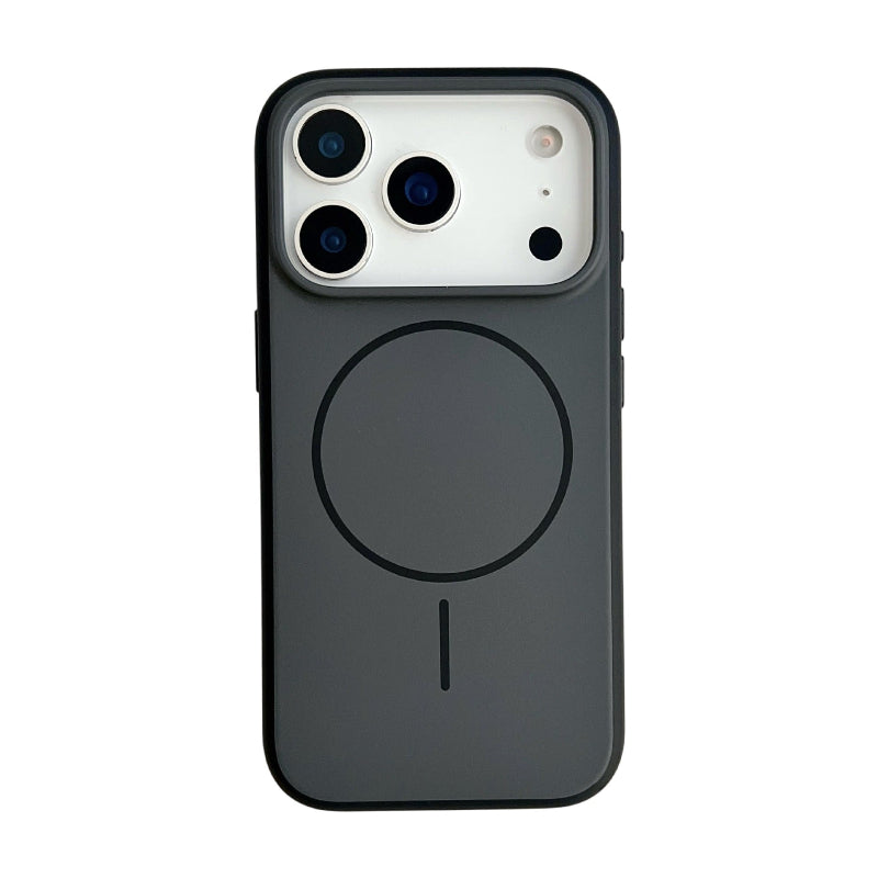 Carbon black phone case with large circular button-style detail and camera cutouts.