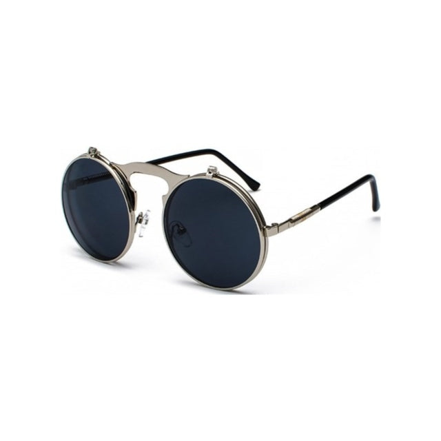 Round sunglasses with metallic frame and dark lenses on a white background