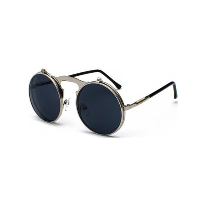 Round sunglasses with metallic frame and dark lenses on a white background