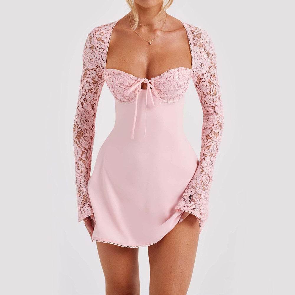Fashion Corset Lace Long Sleeve Dress Sexy Y2K Backless Lace Up Short Dresses Womens Clothing - YAXSO