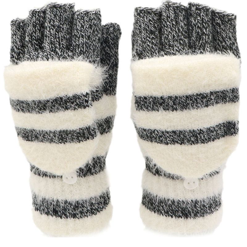 Pair of striped fingerless gloves with white and gray pattern on a white background