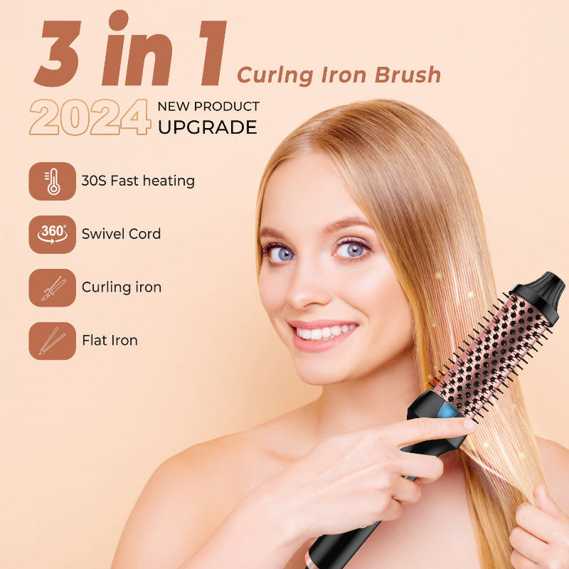 Electric hair curling brush, black barrel with rounded bristles, held in hand