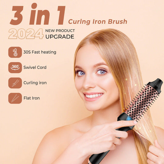 Electric hair curling brush, black barrel with rounded bristles, held in hand