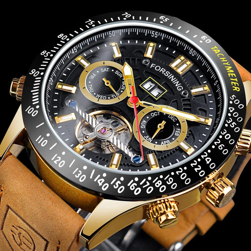 Forsining watch dial close-up with tachymeter bezel, skeleton center, tan leather strap