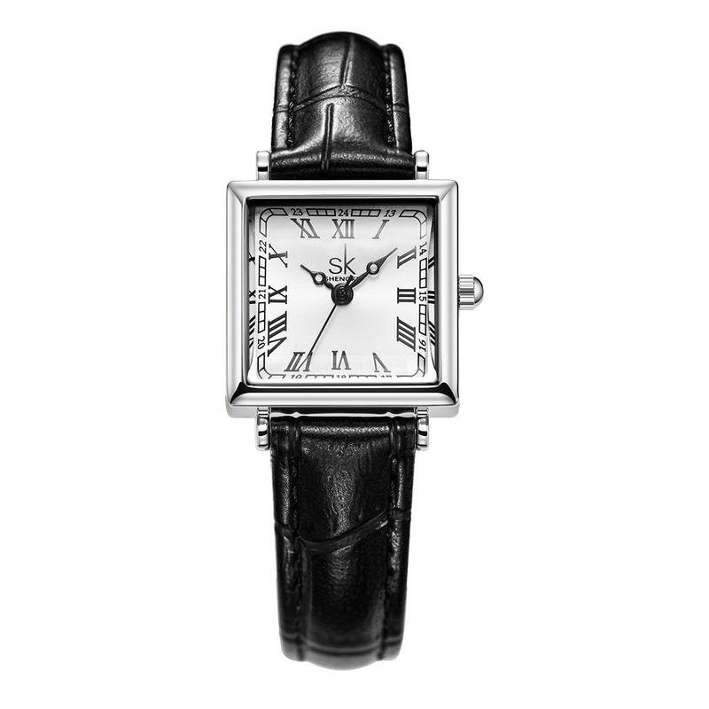 Retro square watch with black leather strap, silver-tone case, white Roman dial.