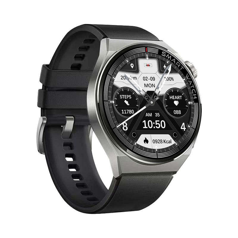 Smartwatch with black silicone strap and silver case, round display with fitness metrics