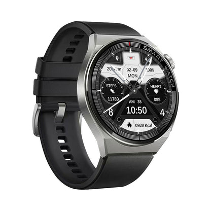 Smartwatch with black silicone strap and silver case, round display with fitness metrics