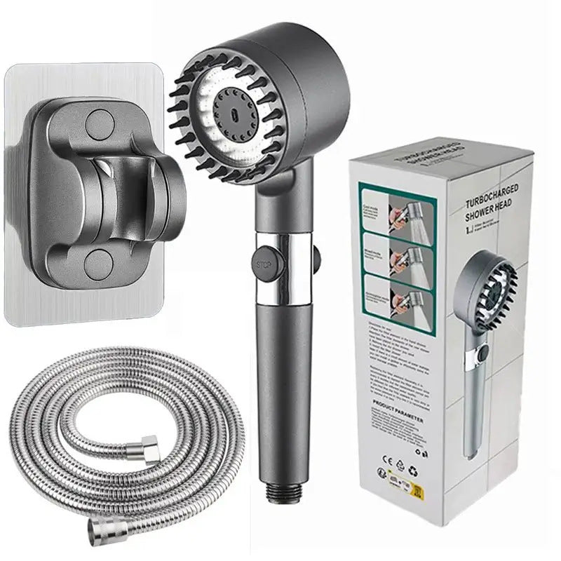 Handheld showerhead set with wall mount holder, coiled hose, and retail box