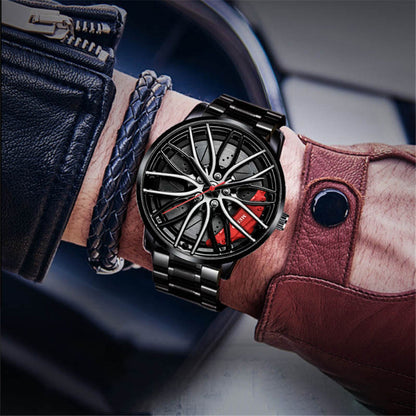 Watch with car wheel design on a wrist, blurred background