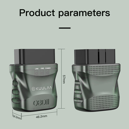 KUULAA OBDII diagnostic tool with dimensions on a light gray background. YAXSO STORE 
