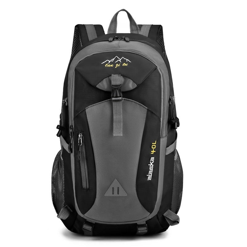 Gray and black backpack with visible branding on a white background