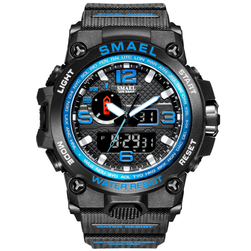 Black and blue digital watch with SMAEL branding on a white background