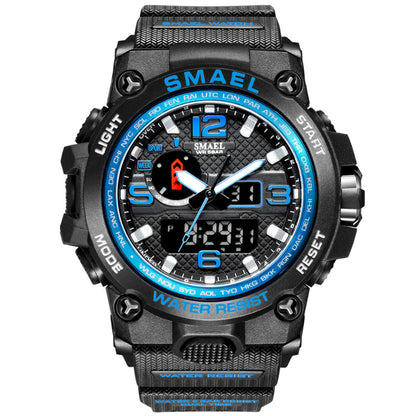 Black and blue digital watch with SMAEL branding on a white background