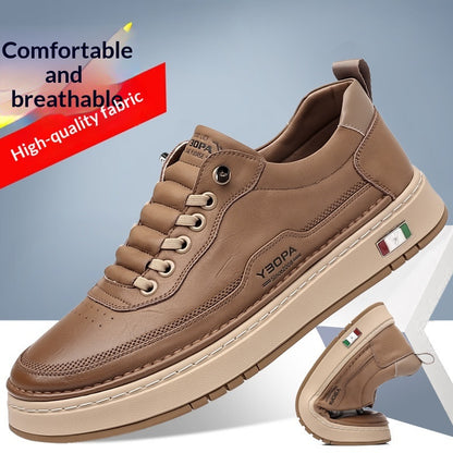 Brown leather shoes with text highlighting comfort, breathability, and high-quality fabric on a light blue background.
