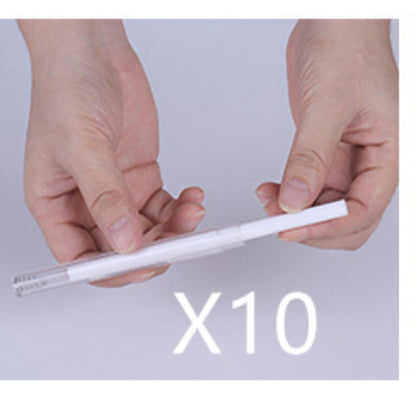 Two hands holding a white pen against a light gray background with 'X10' text.